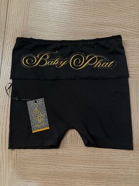 Baby Phat Black Fold-Over Waist Bike Shorts with Gold Logo